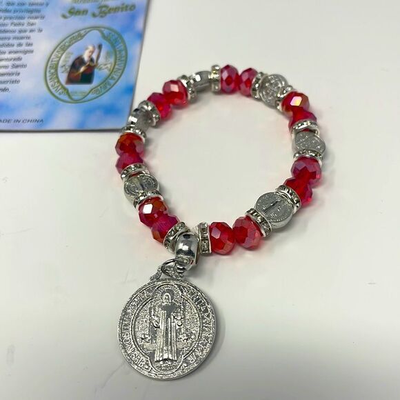 St. Benedict Red Crystal Silver Beaded Stretchy Bracelet - Picture 2 of 7